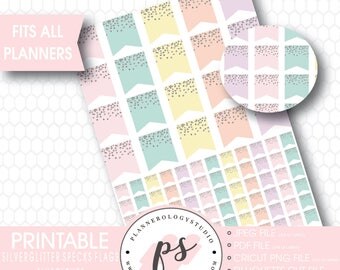Silver Glitter Specks Flags Printable Planner Stickers | Luscious | JPG/PNG/Silhouette Cut Files