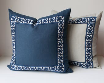 Navy Throw Pillow Cover - Linen Pillow Cover -Navy Blue Pillow Cover With Navy Trim- Geometric Trim -Linen Throw Pillow Cover