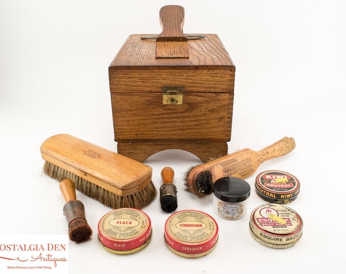 Vintage Shoe Shine Box | Griffin Shinemaster Kit | Finger Jointed Oak Chest