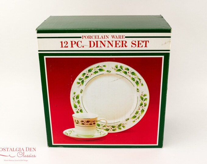 Holly Leaves and Berries Holiday Dinner Set - Vintage Share the Joy Dinnerware by Caldor - 23 Pieces