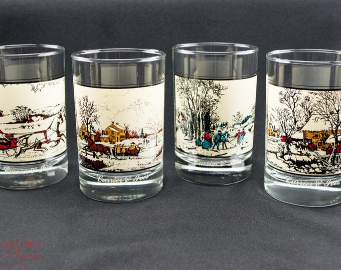 Classic Currier & Ives Wintertime Scenes Glass Set | Vintage Arbys Old Fashioned Glasses | 12 Oz Winter Glasses - Set Of 4