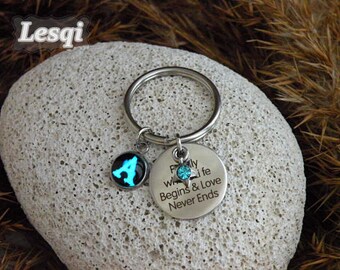 Glow alphabet letter keyring,Stainless steel keychain with tree charm plate,blue crystal star,Famliy where life begins&love never ends