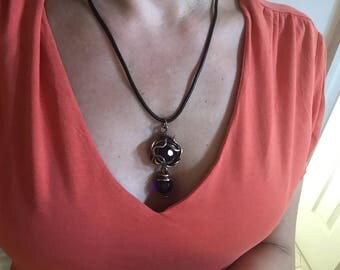 Pendant Necklace, Cooper Wire, Blue Glass Faceted Beads, Genuine Leather