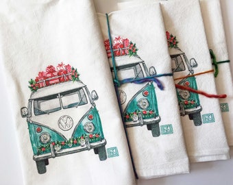 Christmas VW Bus tea towel, Watercolor Volkswagen Flour Sack Printed Cotton Dish Cloth, Kitchen towel, Christmas Tea Towel,Hostest gift