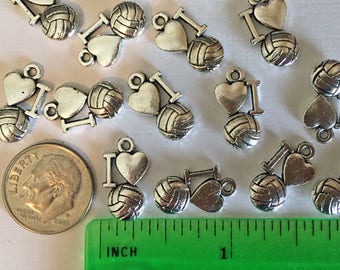 10 I Love Volleyball Charms Pendents : Jewelry Making Findings - DIY - Sports Charms - #091