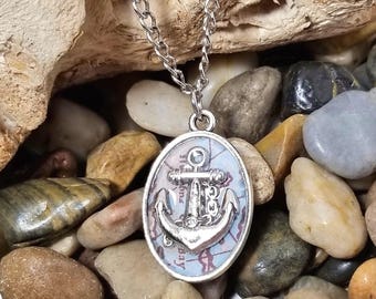 Anchor & Map Necklace - Travel Necklace - Anchor Necklace - Map Necklace - Silver Anchor Necklace - Nautical Jewelry - Travel Jewelry