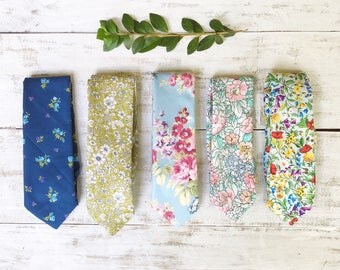 Men's Necktie - Father's Day Tie- Wedding Tie- Groomsmen Tie- Handmade Skinny Tie- Floral Tie- Green Floral- Blue Floral Tie- Summer Tie
