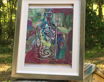 Seahorse in a bottle, original art surrounded by 5x7 frame