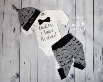 Baby Boy Coming Home Outift Mustache Ladies I Have Arrived Bow Tie Personalized Baby Boys