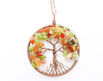 Tree-Of-Life Necklace Pendant, Copper Pendant, Wire Tree of life, Wire Wrapped Pendant, Peridot Pendant, Carnelian Pendant, Family Tree