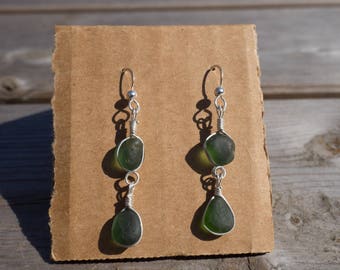 Emerald green double-drop seaglass+ Stirling Silver earrings