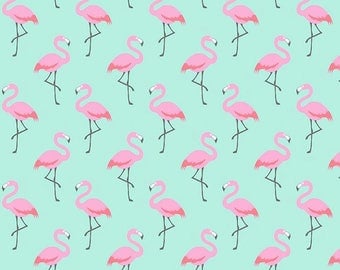 Fabric - Flamingo Pink and turquoise blue fabric - Flamingo, Flamingo fabric - bird - animal fabric - fabric oeko TeX certified fabric - 1/2 meter