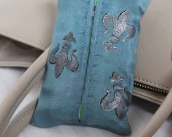 Facial Travel Tissue Case/Holder (soft), Silver and Black Fleur De Lis on Teal, Hand painted Silk