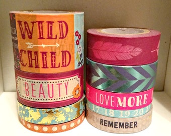 9 Pc. Paint Splatter, Dots, Feathers, Numbers, Foil Fishtail, Phrases Crafting Washi Tapes
