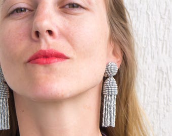 Silver color beaded short tassel clip on earrings, Oscar De La Renta style, handmade, 3", metallic color, enlarged top