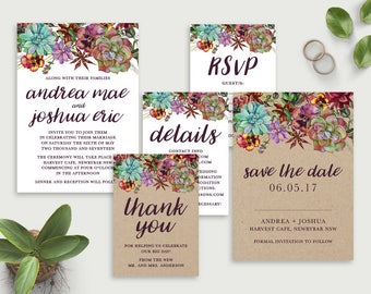 Printable Wedding Invitation Set Kraft Australian Native Invite Succulent Printable Wedding Invitation Set Kraft Australian Native Invite Succulent