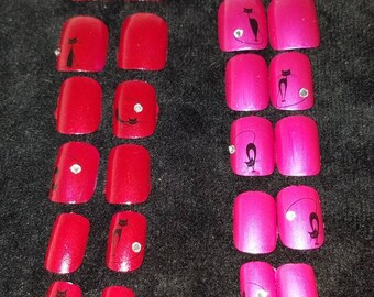 Rhinestone Kitties glue on 12pc nail set