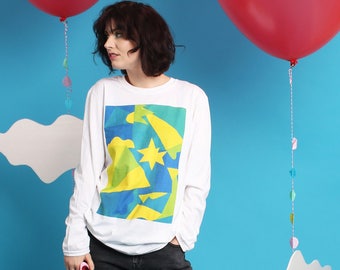 Long Sleeved white T-shirt - Blue Starburst