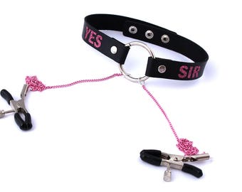 BDSM collar and nipple clamps for bondage play - yes sir collar with pink chain - MATURE