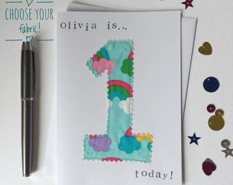 1st birthday card - first birthday card - embroidered card - personalised child's name card - age card - fabric number card - hand-stamped