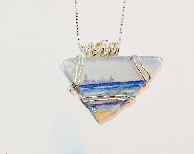 Cool Beach Glass pendant - Wire Wrap Beach Scene Beach Glass -Lake Michigan - Chicago Skyline - 18" Sterling Silver Chain