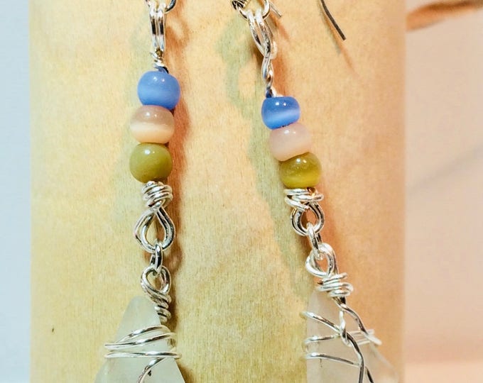 Cute tiny pieces of white beach glass with blue and tan beads earrings silver color wire wrap