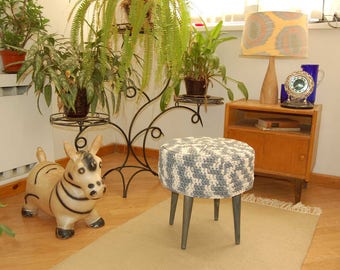 Very stylish pixel pattern Knitted pouf ,Floor Round Pouf - Ottoman wooden legs grey blue , Footstool,Natural dyed indigo