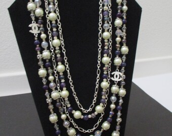 Designer & Vintage Inspired 5 strand necklace with deep purple glass beads, off white pearl and silver accents