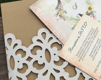 Wedding Pocket Invitation, Pocket Enclosure, Save the Dates, Pocket Envelope, Bridal Shower, Laser Cut Invitation, Elegant, Vintage, Rustic