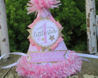 Twinkle Star Party Hat Pink and Gold - First Birthday Party Hat - Twinkle Twinkle Little Star First Birthday - Girl Birthday - Pink & Gold