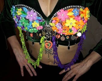 Tribal fusion belly dance glow in dark Kanzashi style bra