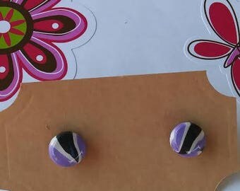 Polymer Clay, Black/white/purple, Stud earrings, Resin, round