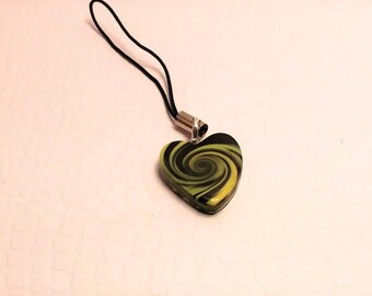 Polymer Clay, black/yellow swirl heart cell charm