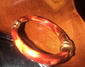 Estate find Vintage La Nouvelle Bague Red Orange Ceramic Bangle Bracelet 18KT Yellow Gold 925 Sterling Silver