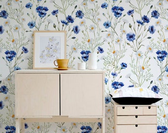 Blue Vintage Wallpaper, Wall Mural, Blue Flowers, Floral Wall Decor, Peel and Stick Wall Decoration, Spring Wallpaper, Art, Decal - A143