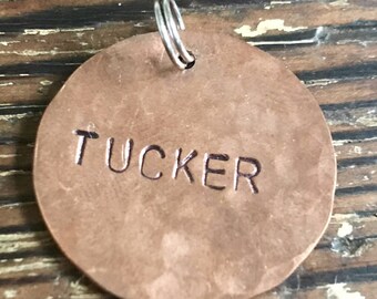 Pet Name, Hand Hammered - Medium 1” Custom Pet Id Tag - Personalized Hand-Stamped Dog Name Tag