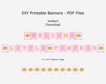 Welcome Little Pumpkin Banner - Pink & Gold Glitter - Girl - Fall - Pumpkin - PRINTABLE - INSTANT DOWNLOAD