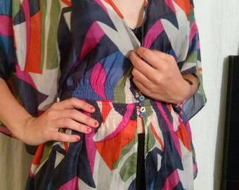Silk printed bat sleeve tunic mouse