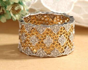 Vintage engagement ring Art deco Antique Engagement ring white gold Flower leaf Wide Wedding Band Woman Decorated Unique Textured Ring