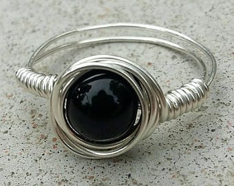 Black onyx ring//wire wrapped black ring//sterling silver filled ring//black bead
