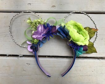Toy Story Alien Inspired Wire Ears with Floral Crown | One-of-a-kind Mickey Ears | Two-sided Handmade Mouse Ears |