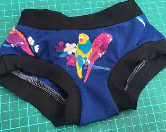Handmade brief style knickers in glitter parrots fabric