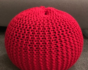 Bright Red Handmade Knitted Pouffe
