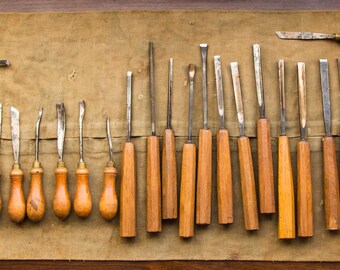 37 set of antique wood carving tools, Henry Taylor Sheffield