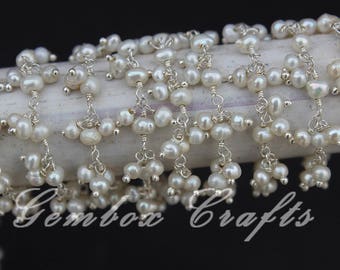 Freshwater Pearl 3-4mm Round Smooth Silver Plated Beaded Cluster Chain