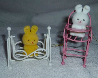 Vintage 1986/87 Set of Two Flocked Bunnies with metal nursery furniture