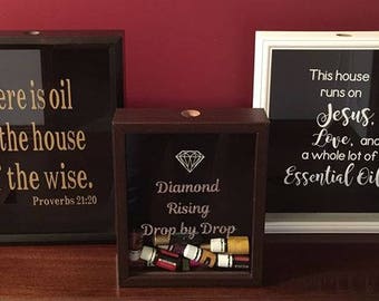 Essential Oil Shadow Box for empty Young Living DoTerra Essential Oil Bottles, Decorative oil shelf/rack, Diamond Rising, Proverbs 21:20