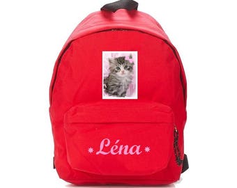 Red kitten backpack personalized with name