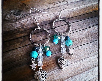 Earrings silver tone ring and blue beads
