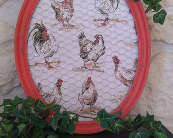 oval frame "hens and roosters" weathered old